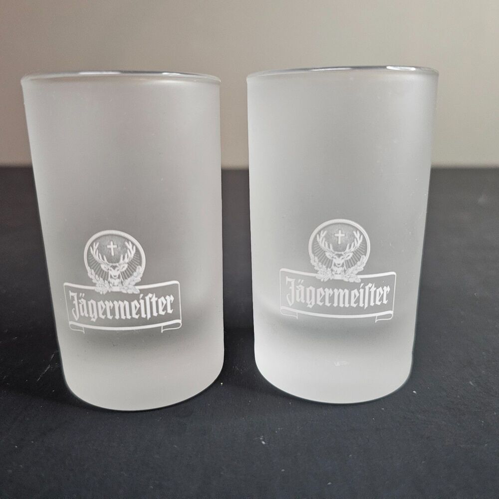 Lot of 2 Jagermeister Frosted Shot Glasses 3cl Stag Logo 3.25"